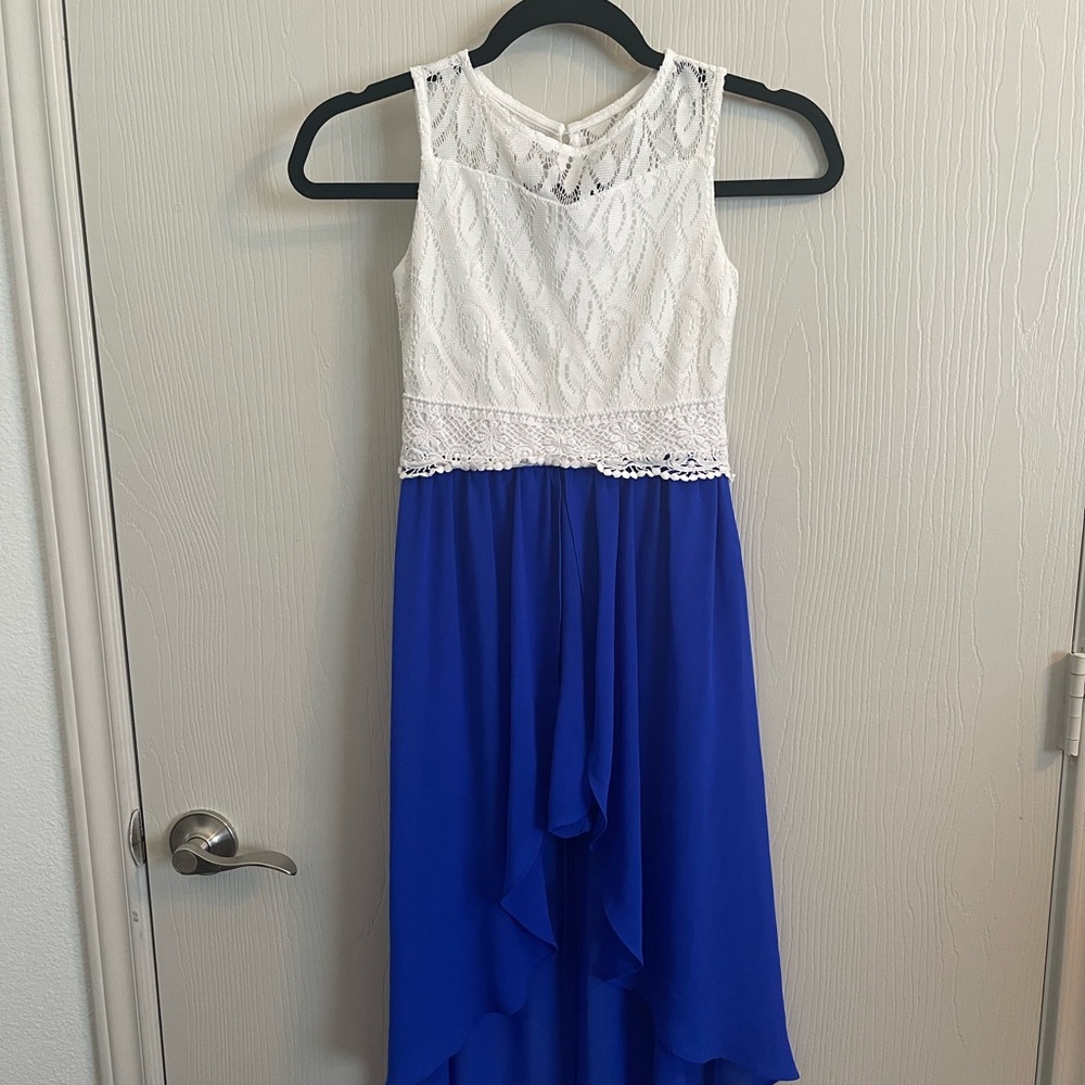 Amy Byer blue/ white romper dress with multiple layers and built in shorts
